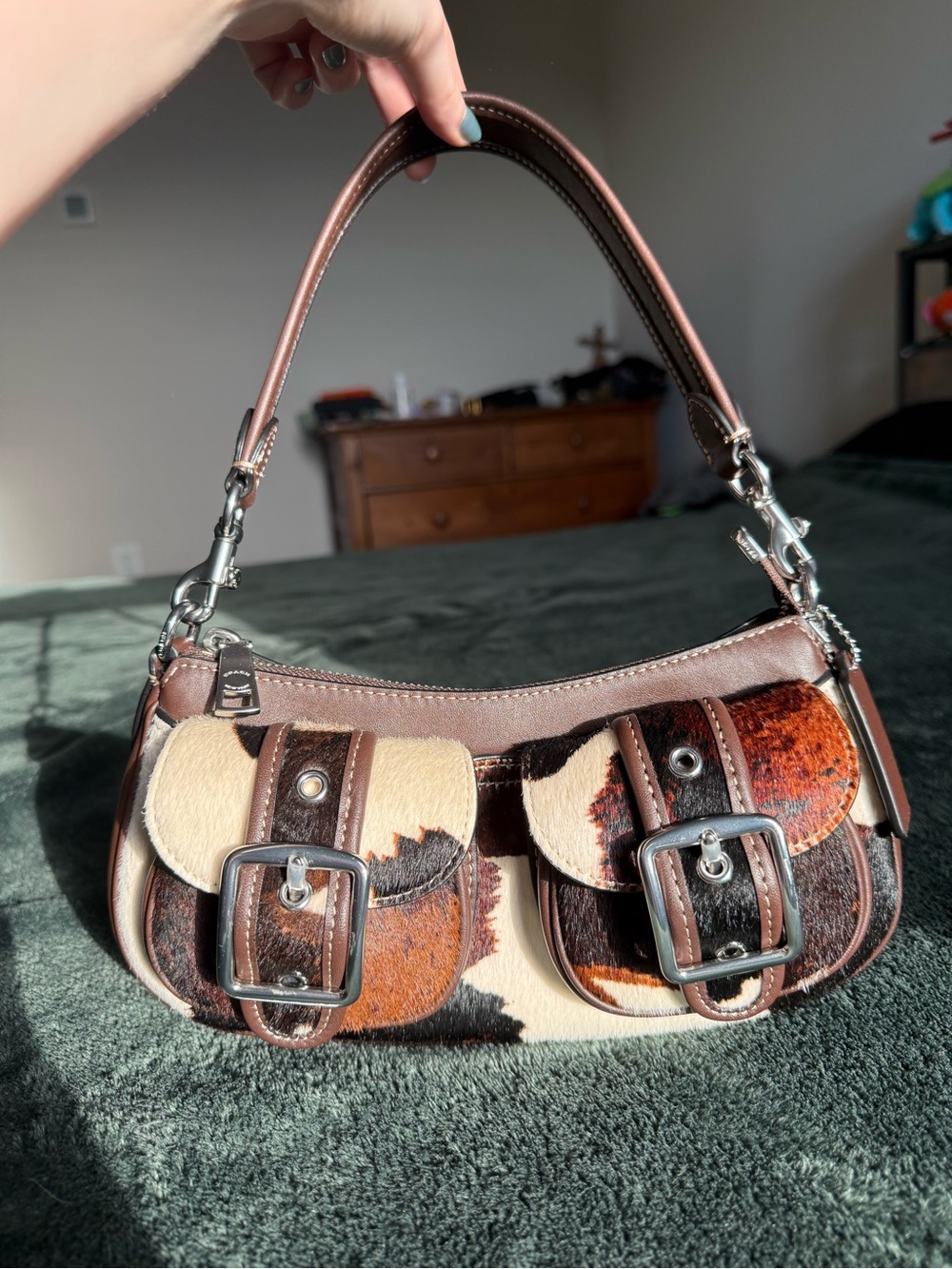 Coach Ashton shoulder bag in calf-hair & brown leather on silver hardware